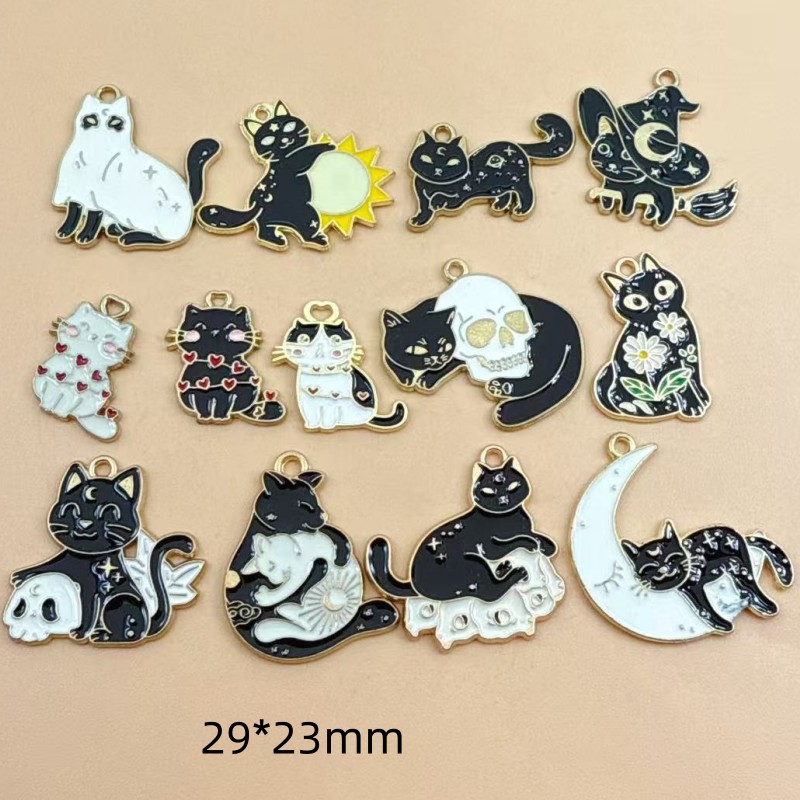 Jewelry Making Necklaces - 10 Stück Original-Legierungs-Emaille-Anhänger mit schwarzer Katze,